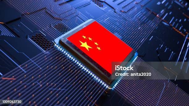 Central Computer Processor With Chinese Flag3d Render Stock Photo - Download Image Now
