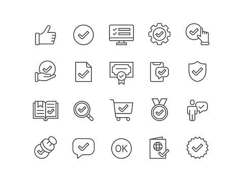 Approval, agreement, tick, thumbs up, editable stroke, outline, stamp, icon, icon set, check mark