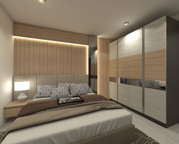 istock Master Bedroom Design With Wardrobe Clothes And Wooden Headboard Paneling 1309264551