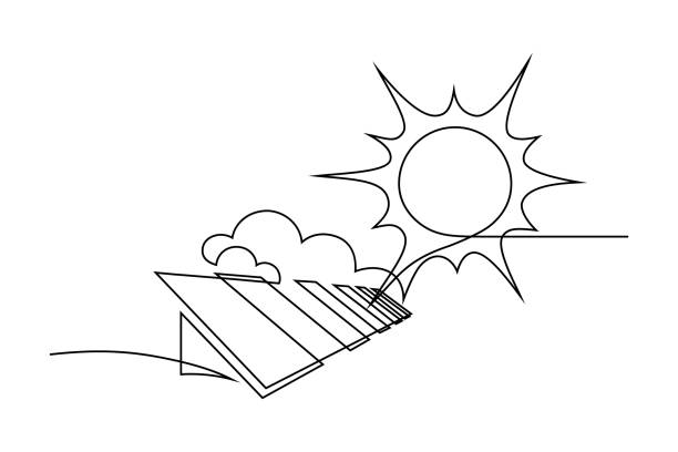 Solar energy Solar energy in continuous line art drawing style. Solar panels facing the Sun to collect heat by absorbing sunlight. Black linear design isolated on white background. Vector illustration sustainable resources illustrations stock illustrations