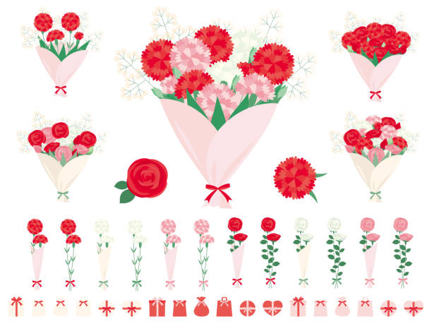 ilustraciones, imágenes clip art, dibujos animados e iconos de stock de un conjunto de ilustración con un ramo de claveles y rosas. - ramos