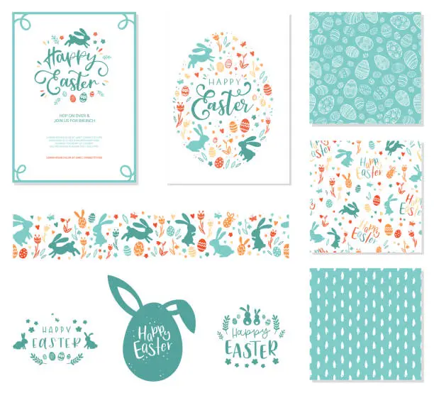 Vector illustration of Happy Easter templates with bunnies,eggs, flowers, floral frames and wreaths, rabbit and text. Matching backgrounds and patterns, Great for Easter cards, invitations, banners, wallpapers - vector