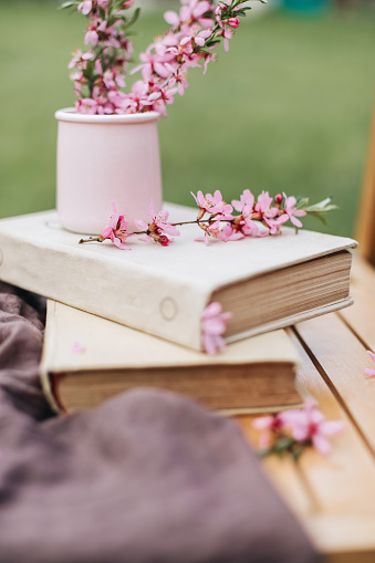 A stack of books in a light cover lies on a wooden surface. Above is a vase with branches of blooming almond. Pink flowers stick out of the book like a bookmark. Spring mood. Read romantic books.