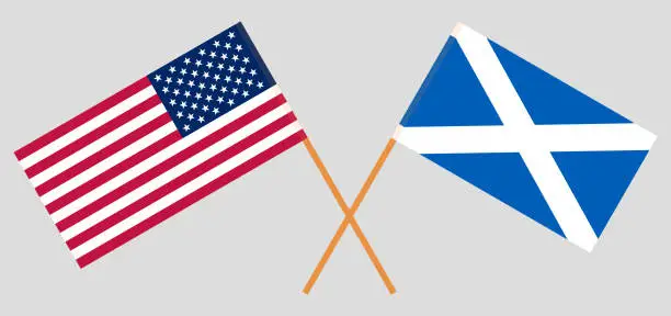 Vector illustration of Crossed flags of the USA and Scotland