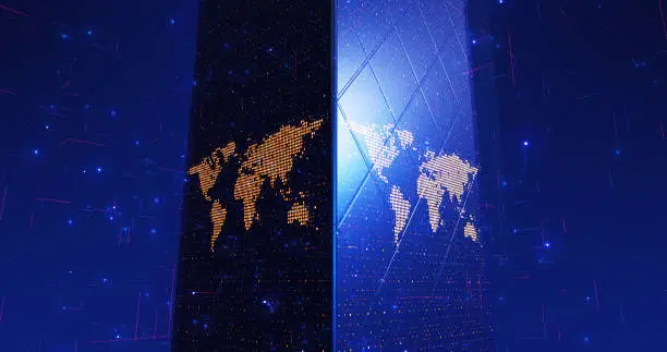 Photo of Digital Cube Shaped Earth. TV Broadcast Opening. 3D Illustration Render