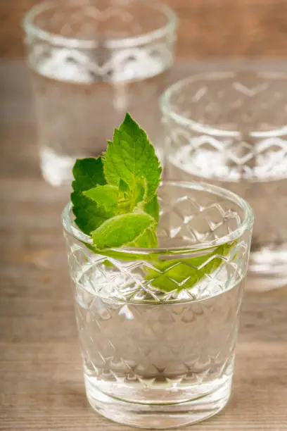 strong alcoholic drink gin with mint in shot glass on aged wooden table