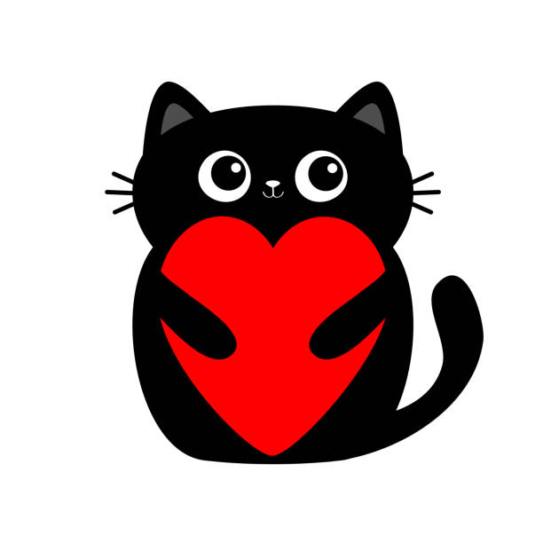 illustrations, cliparts, dessins animés et icônes de chaton noir de chaton retenant le grand coeur rouge. caractère mignon mignon de bébé animal de kawaii de dessin animé. conception plate. bonne saint-valentin. carte d’amour. fond blanc. isolé. - humor pets loving vertical