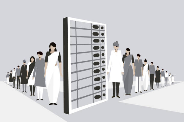 Conceptual illustration of Indian people stand in a long line along side a huge electronic voting machine vector art illustration