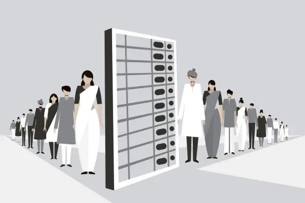 Vector illustration of Conceptual illustration of Indian people stand in a long line along side a huge electronic voting machine