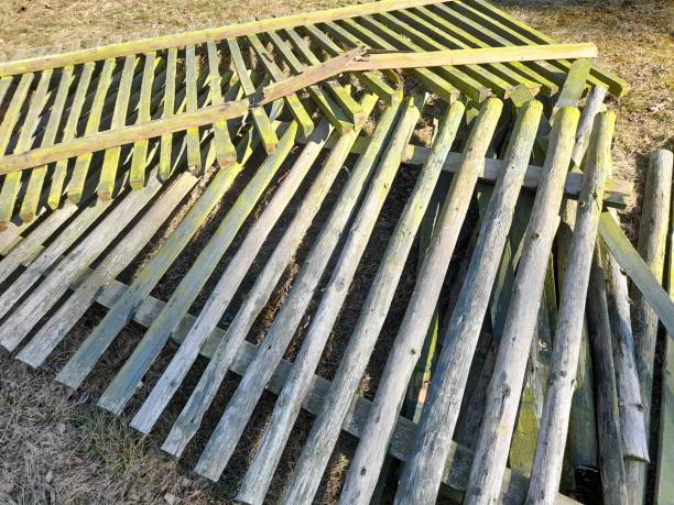 istock Old and broken wooden fence panels 1309276748