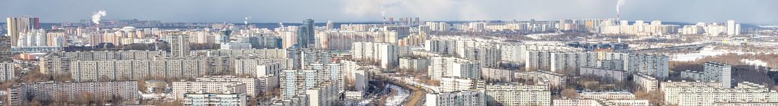 Ultra-wide panorama of the dormitory area of the metropolis of the metropolitan area, countless high multi-storey buildings