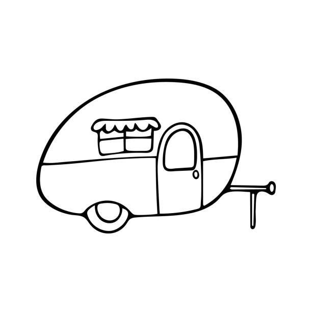 illustrations, cliparts, dessins animés et icônes de icône vectorielle de remorque de camping dans le modèle de doodle. maison mobile sur roues pour le tourisme et le voyage. - motor home mobile home vehicle trailer camping
