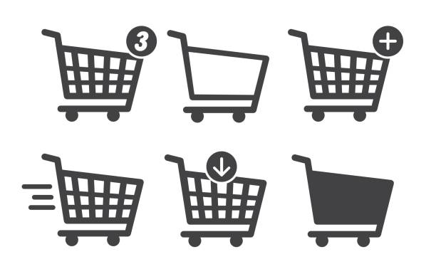 Shopping cart set. Add to shopping cart. Number of items in the shopping cart Shopping cart set. Add to shopping cart. Number of items in the shopping cart. Lines icons set. silhouette symbol computer icon shopping bag stock illustrations