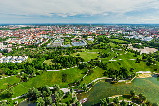 Aerial view of Olympiapark from Olympiaturm (Olympic Tower). Munich, Bavaria, Germany