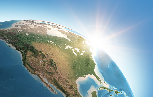 Sun shining over a high detailed view of Planet Earth, focused on North America, USA and Canada. 3D illustration (Blender software), elements of this image furnished by NASA (https://eoimages.gsfc.nasa.gov/images/imagerecords/73000/73776/world.topo.bathy.200408.3x5400x2700.jpg)