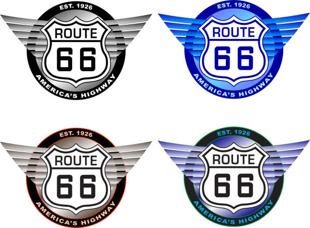 illustrazioni stock, clip art, cartoni animati e icone di tendenza di scudo route 66 con collezione ali - illustrazione vettoriale - route 66 road sign thoroughfare badge