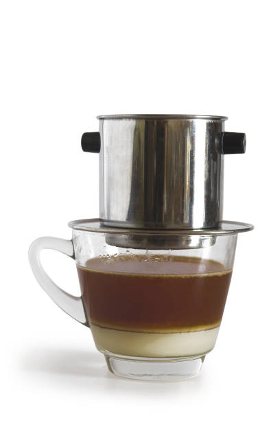 Sweetened condensed milk with hot coffee dripping in Vietnam style.