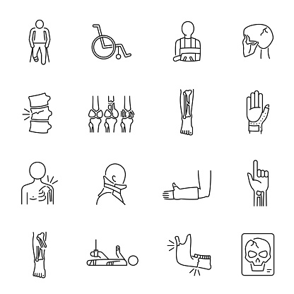 Broken bones thin line icons set isolated on white. Fracture, dislocation of leg, arm, skull, finger pictograms collection. Crutches, plaster of Paris, wheelchair vector elements for infographic, web.