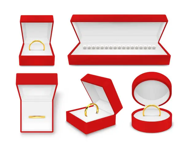 Vector illustration of Jewelry in red boxes realistic illustrations set. Gold wedding, engagement rings, pearl necklace.