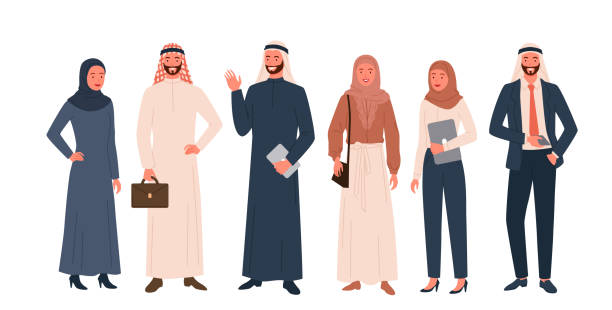 illustrazioni stock, clip art, cartoni animati e icone di tendenza di arabi set, felice donna saudita, uomo in abiti musulmani moderni e tradizionali in piedi - islam women men arabia
