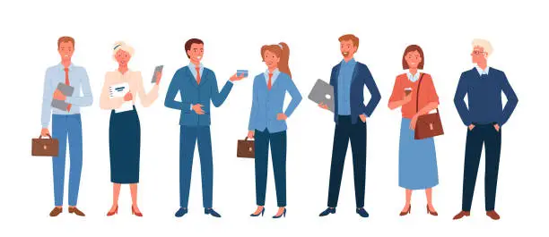 Vector illustration of Business people, employee in office outfit set, happy community standing together