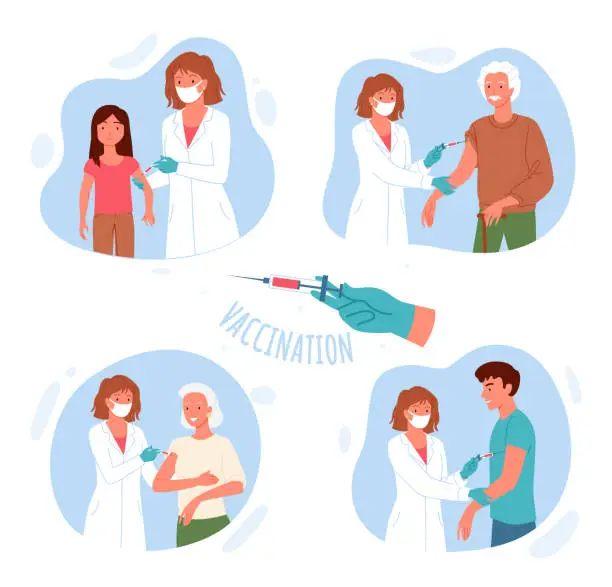 Vector illustration of Vaccination, nurse or doctor character holding syringe, doing injection with vaccine