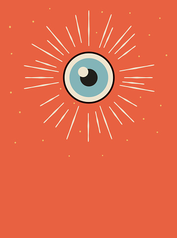 Vector illustration of a poster depicting a wide open eye, a watcher, a vigilante. Design element great as a background, wallpaper, landing page, book cover, illustration for the media and news blogs, social media platforms and a wide array of design projects. The illustration has a vintage style, a pop art touch and a soft half tone texture.