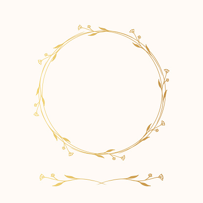 Gold floral wedding wreath and divider. Vector isolated botanical border. Golden flourish frame.