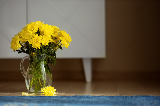 Glass jug filled water and bright yellow chrysanthemums flowers on the flat floor