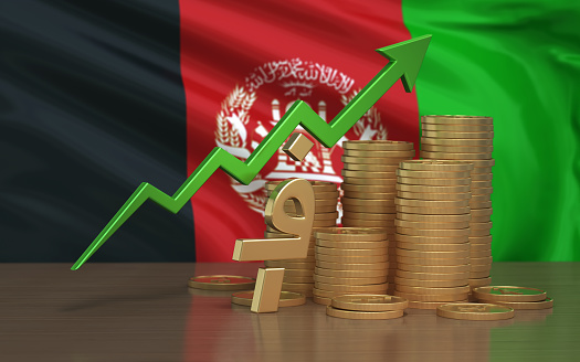 3d Render Finance System and on background Afghanistan flag (Depth Of Field)