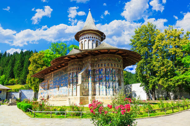 The Voronet Monastery, Romania The Voronet Monastery, Romania. One of Romanian Orthodox monasteries in southern Bucovina. medieval fresco stock pictures, royalty-free photos & images