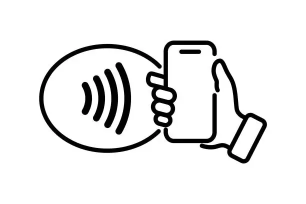 Vector illustration of NFC technology. Hand holding Phone. Contactless wireless pay sign logo. Near Field Communication nfc payment concept. Contact less. NFC payment with mobile phone. Credit card