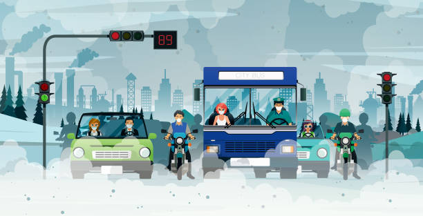 Air pollution on the road Cars emit smoke pollution waiting for traffic lights in the city. dust pollution stock illustrations