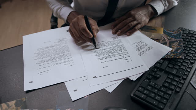Close-up of a hands of an FBI agent working with archival documents