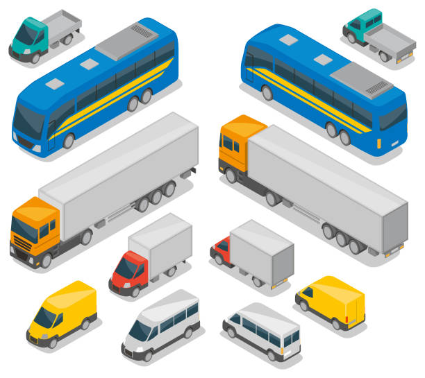 illustrazioni stock, clip art, cartoni animati e icone di tendenza di set di veicoli commerciali isometrici - autobus italy