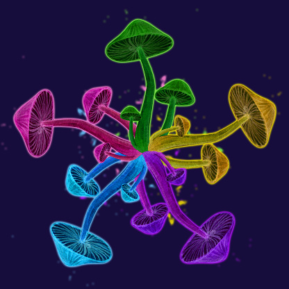 Psychedelic toadstool neon circle concept. Magic mushroom concept. Rave hippie badge, trance illustration. Bright rainbow drug mushroom ranged in circle on dark background