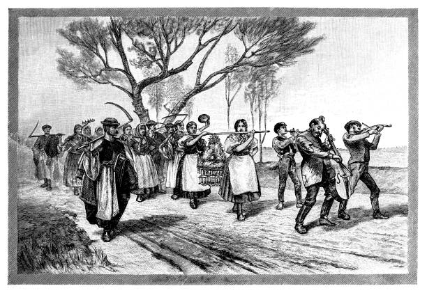 Dancing celebrating harvest Illustration of a Dancing celebrating harvest antique pitchfork stock illustrations