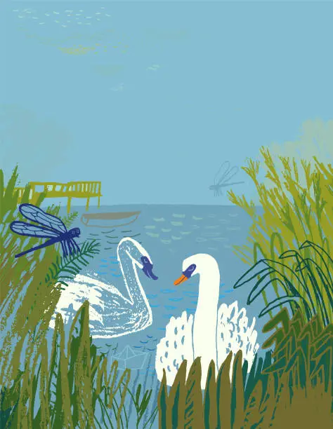 Vector illustration of A serene scene of swans in the lake surrounded by nature