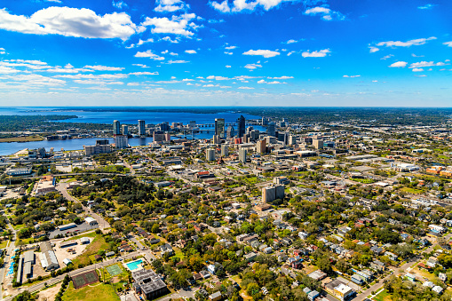 Wide angle, aerial view of the beautiful city of Jacksonville Florida along the St. Johns River from an altitude of about 1000 feet.