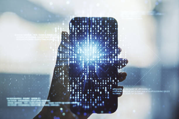 istock Creative concept of code skull illustration and hand with phone on background. Hacking and phishing concept. Multiexposure 1309300680