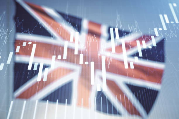 Multi exposure of virtual abstract financial graph interface on British flag and sunset sky background, financial and trading concept