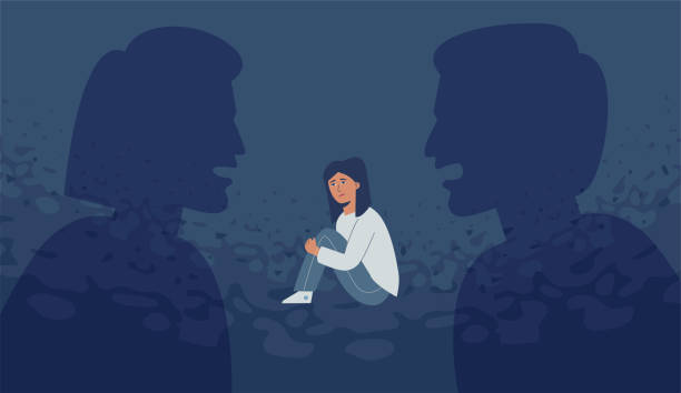 Parental abuse. Aggressive parents yell at each other, the child is intimidated and depressed. vector art illustration