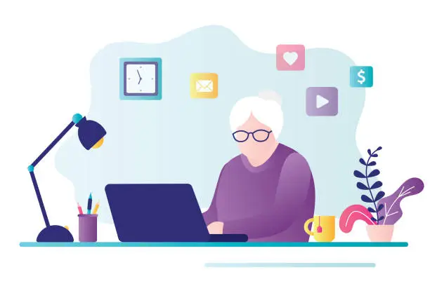 Vector illustration of Old business woman works on computer at home. Elderly female character sitting at desk and working. Cute grandmother works