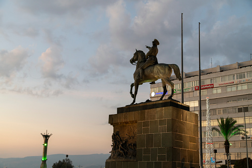 Bucharest, Romania - September 12, 2023: University Square and equestrian statue of King Mihai viteazul, work of the French sculptor Albert-Ernest Carrier-Belleuse