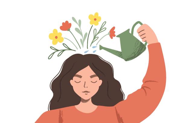 사고 방식으로 자세를 생각. 행복한 생각을 상징하는 식물에 물을 주는 여성. 플랫 벡터 일러스트레이션 - happy woman stock illustrations