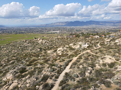 Aerial view of small trail in Simpson park wilderness valley in Santa Rosa Hills. Hemet, California. USA