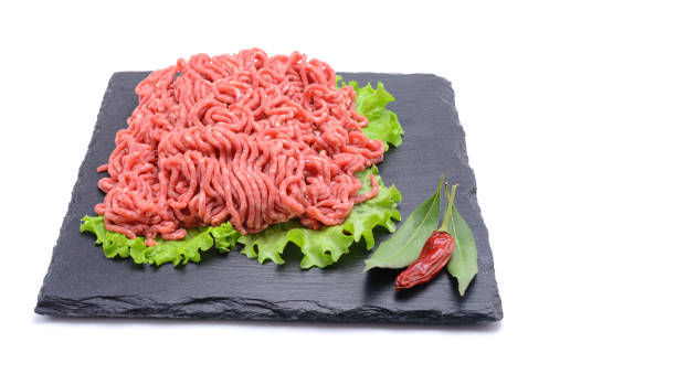 istock Fresh minced pork and beef and spices on a slate stone.Isolated on a white background, selective focus. horizontal view. 1309309562