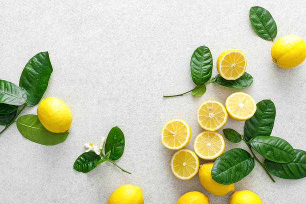 istock Lemons. Fresh juicy lemons with leaves on white background 1309310672