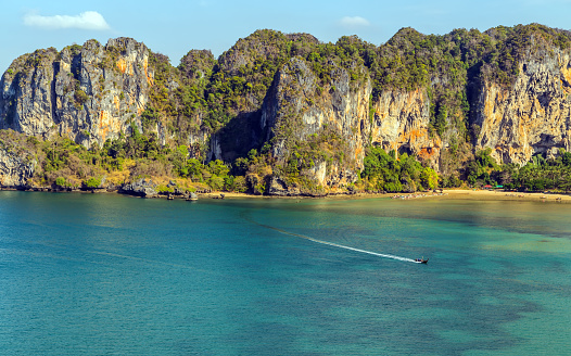 Limestone karsts landscape Railay beach nature scenery. Country Scenic Image Tourism Krabi and Ao Nang in Thailand. Beautiful nature landscape background mountain.