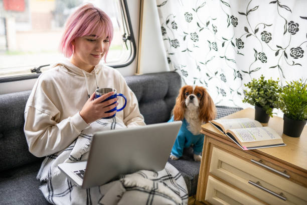 istock Pink haired young girl attends online class from her caravan 1309314221